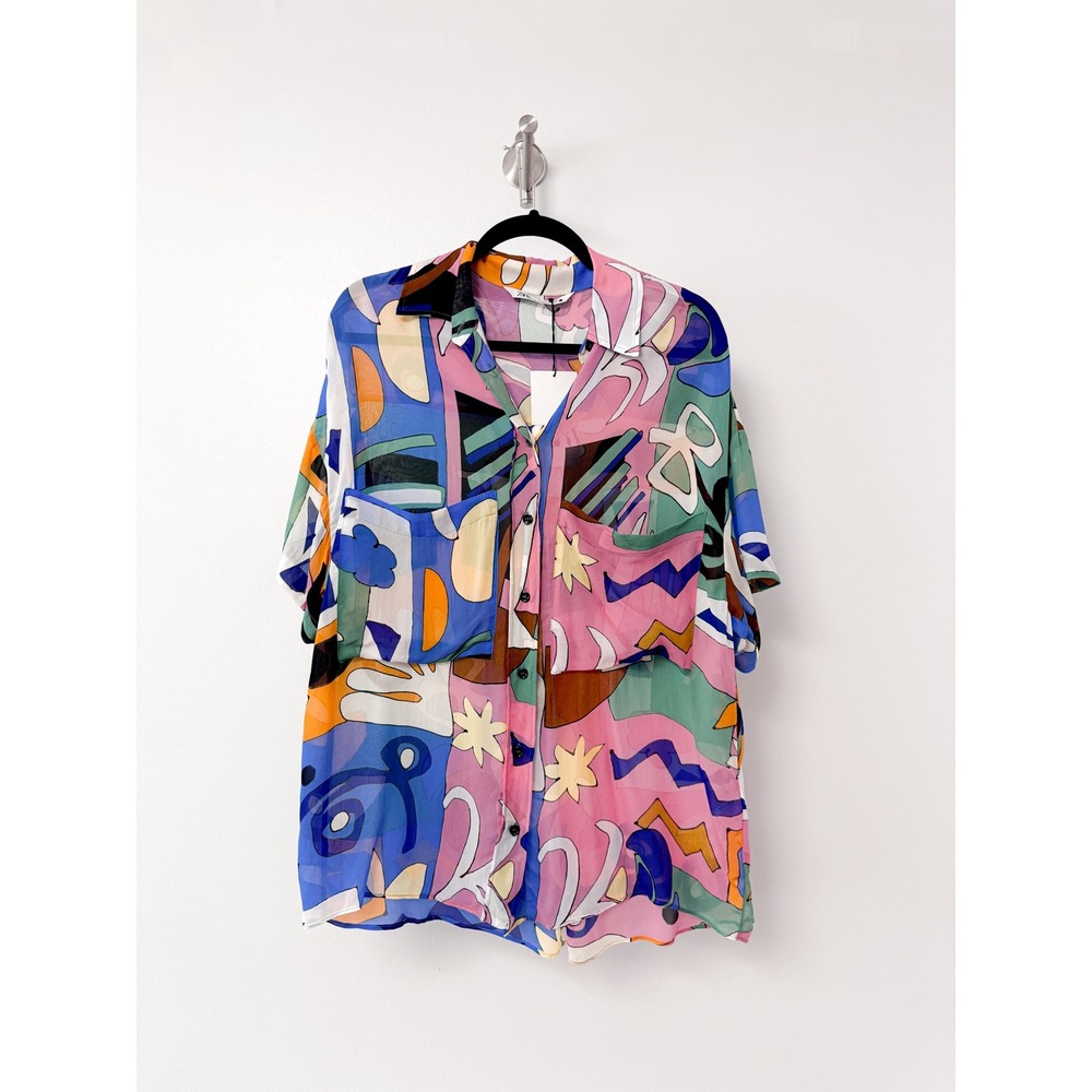 Zara Womens Geometric Print Short Sleeve Button Down Shirt XS-S‎ Multi